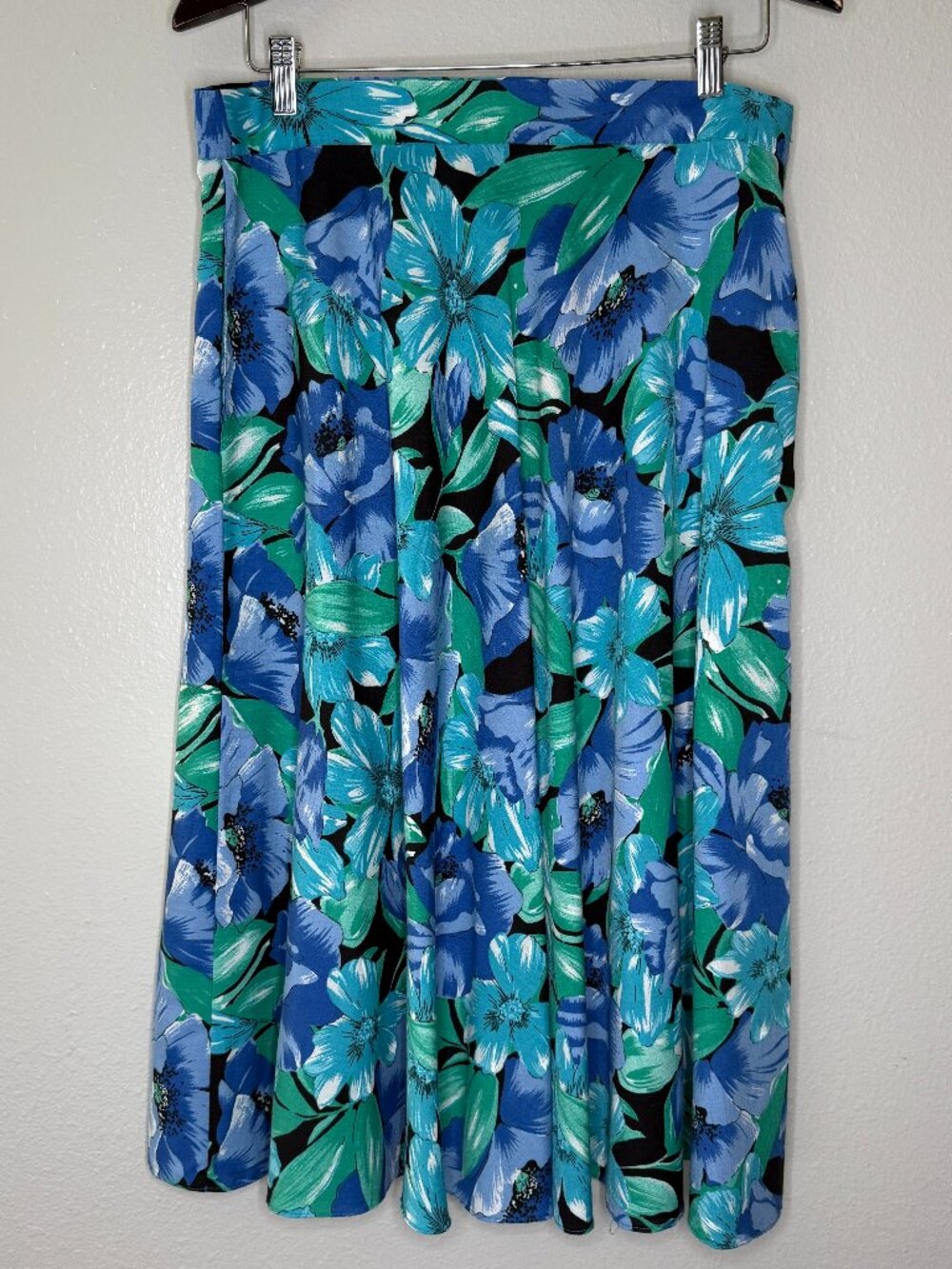 PRICE FIRM 80s Ilyza Blue Green Tropical Hibiscus Floral A Line Skirt L/XL